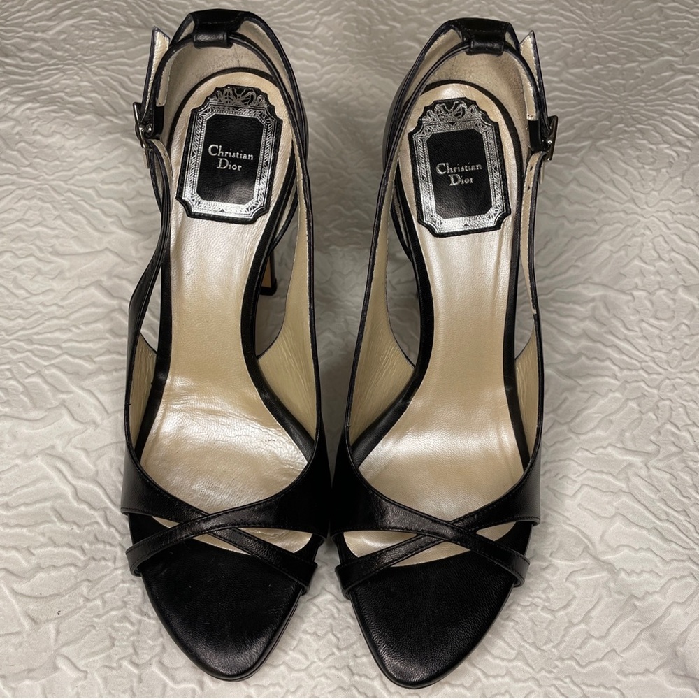 Christian Dior Black Leather Strappy Sandal Heels Size 6.5/36.5 w/dust bag